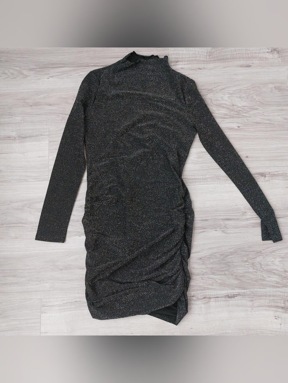 Black Shimmer Long-Sleeve Ruched Dress